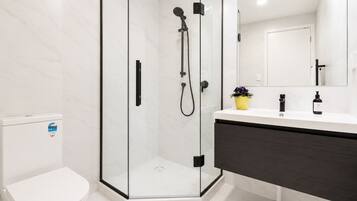 Shower, hair dryer, bidet, towels