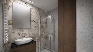 A modern bathroom with a marble wall, a white sink, and a glass shower enclosure. - Amaretto by Kairos Apartments (Gliwice)