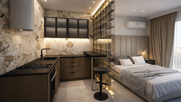 A compact hotel room with a kitchenette, a bed with a zebra-striped blanket, and a large window with curtains. - Amaretto by Kairos Apartments (Gliwice)