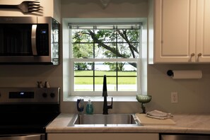 A kitchen with a stainless steel sink, a microwave, and a window with a view of a green landscape.