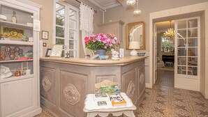 A well-lit room with a counter, a potted plant, a mirror, and a table with books. - L'HERMITAGE (Pernes-les-Fontaines)