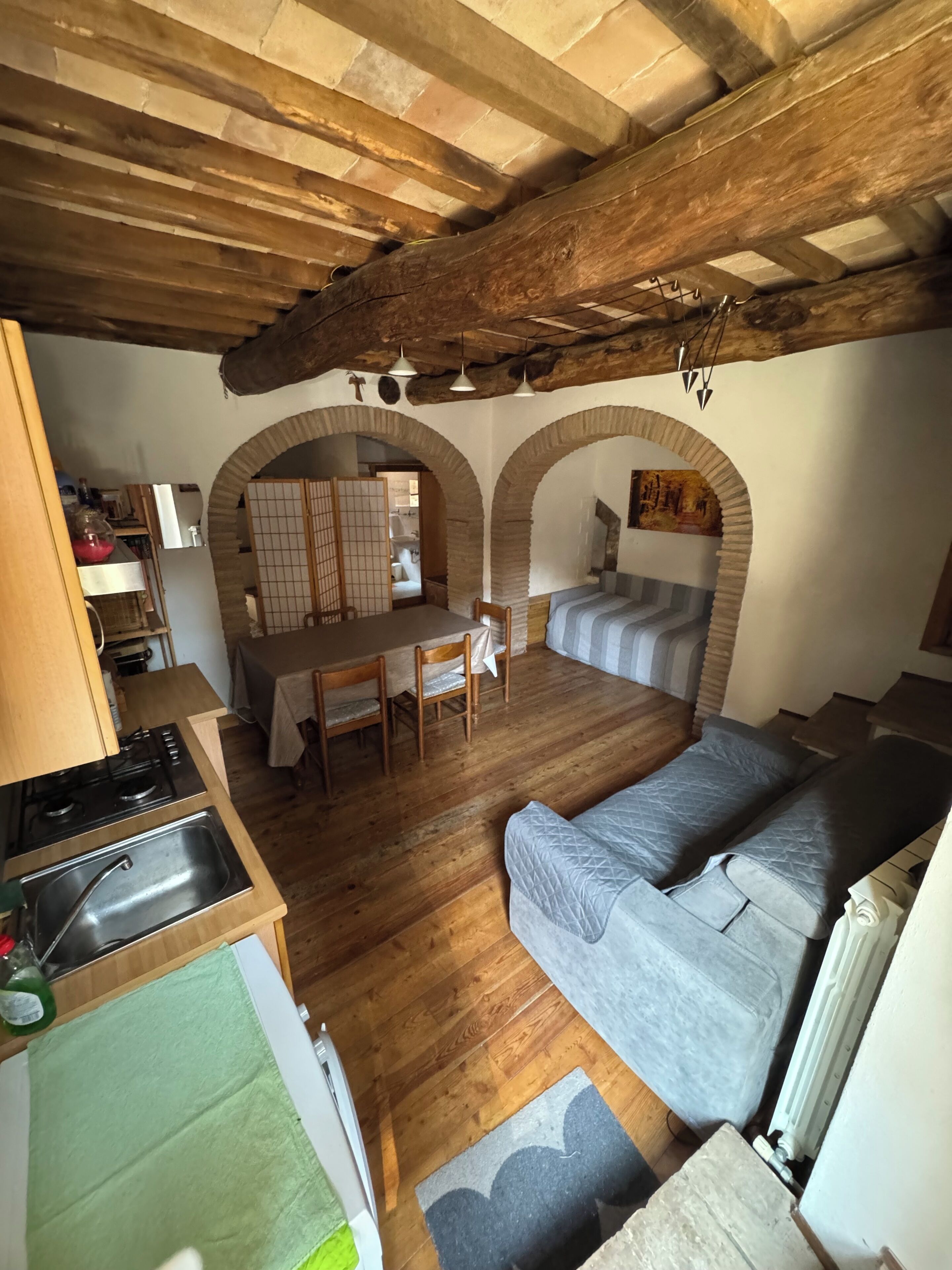 A cozy living area with a sofa, a dining table with chairs, and a kitchen area with a sink and stove.