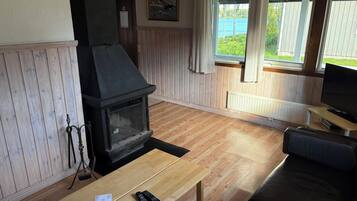 Ett vardagsrum med en vedeldad kamin, en tv och utsikt över en sjö.