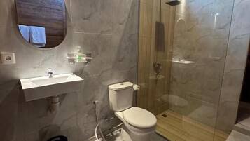 A modern bathroom with a glass shower enclosure, a toilet, and a sink.