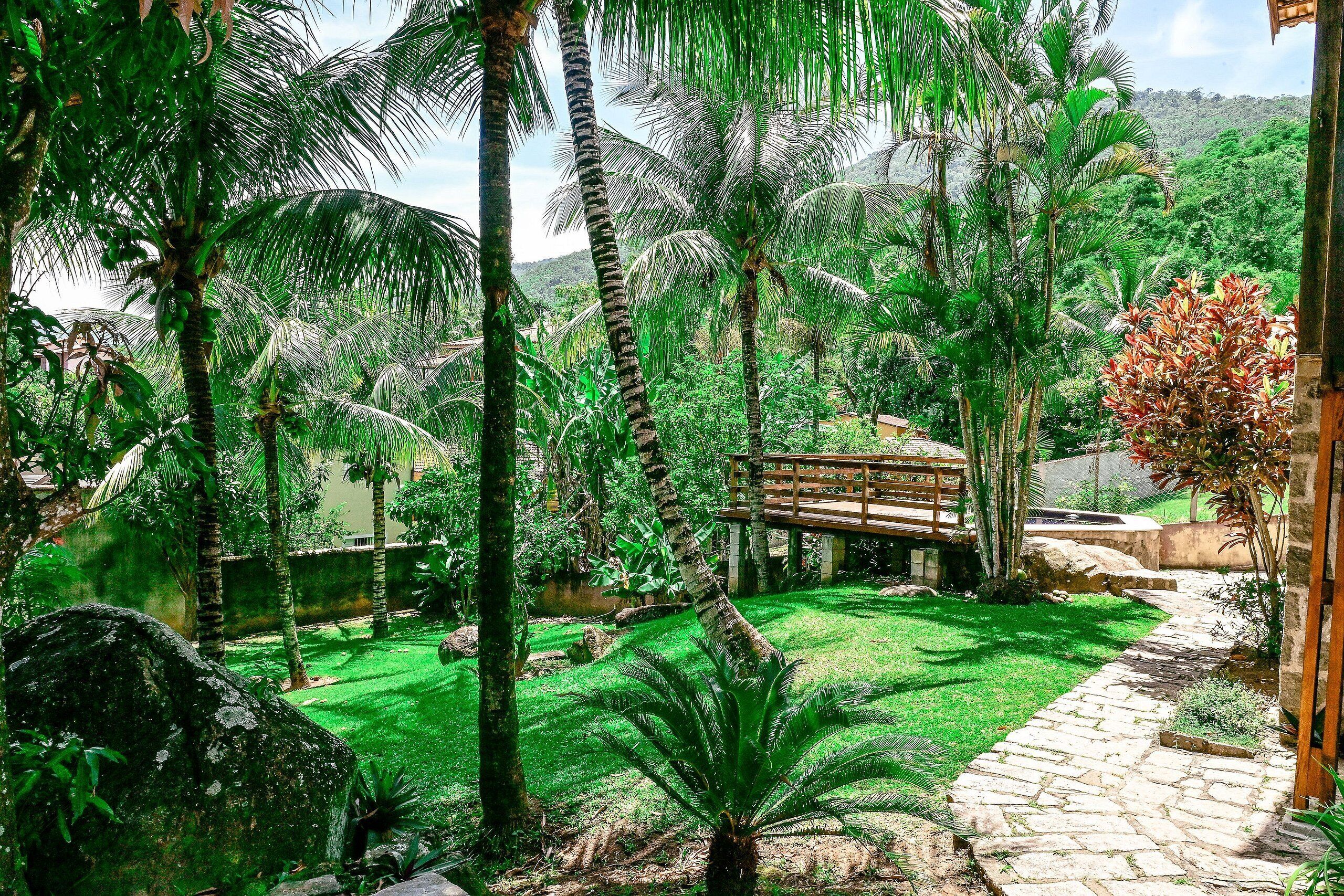 A garden with palm trees, a wooden bridge, and a stone pathway.