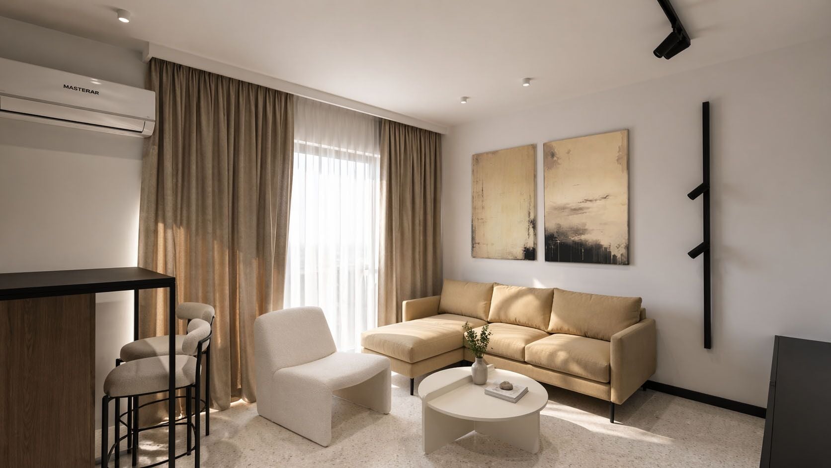 A modern living room with a sofa, armchair, coffee table, and a dining area with a bar.