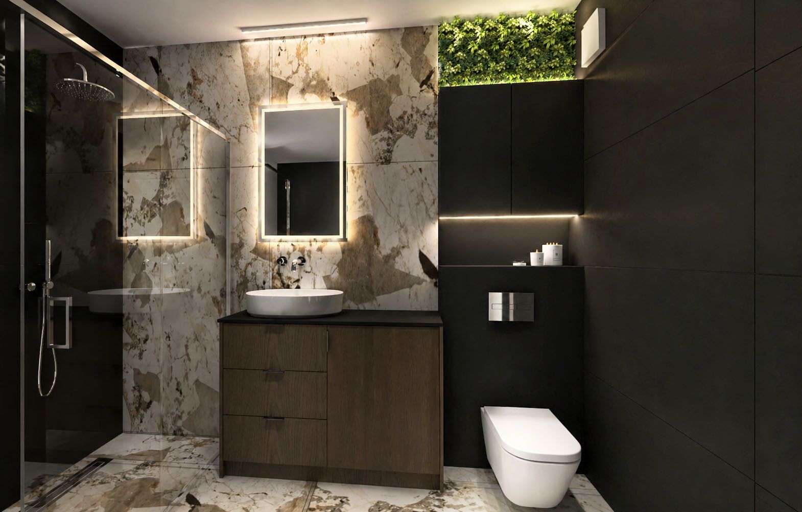 A modern bathroom with a marble sink, wooden vanity, and a toilet.
