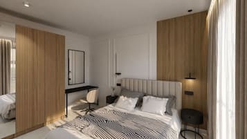 Desk, laptop workspace, blackout drapes, iron/ironing board