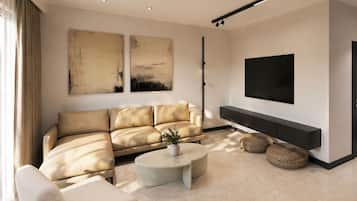 50-inch Smart TV with cable channels, heated floors