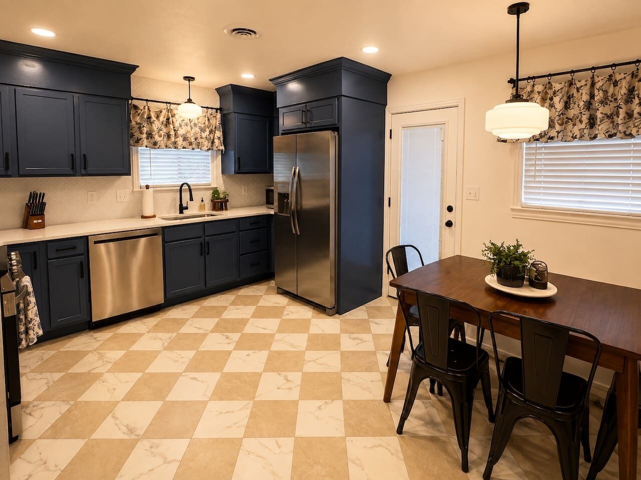 A kitchen with dark cabinets, a stainless steel refrigerator, a dining table with chairs, and a checkered floor.
