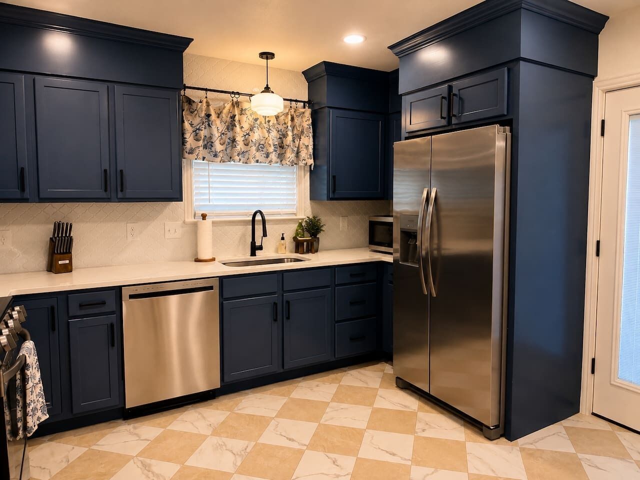 A kitchen with dark cabinets, stainless steel appliances, a dishwasher, and a window with a curtain.