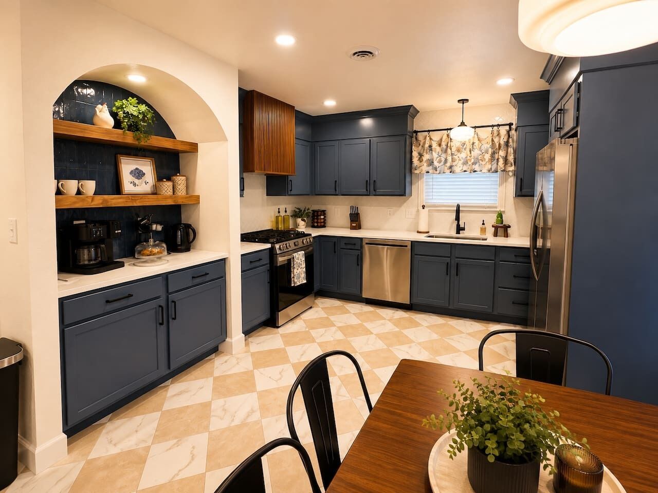 Uma cozinha moderna com armários escuros, uma ilha central e um espaço de jantar com uma mesa e cadeiras de madeira.