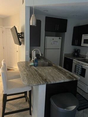 A compact kitchen with a marble countertop, a sink, a refrigerator, a microwave, and a coffee maker. - A quiet place to rest, regroup and reenergize! (Sarasota)