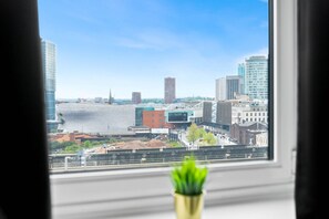 A cityscape through a window with a potted plant on the windowsill. - Luxe Two Bed Apartment - City Centre - Balcony & Parking (Birmingham)