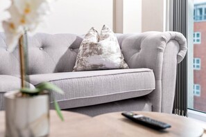 Un canapé gris agrémenté de deux coussins décoratifs, une télécommande posée sur une surface en bois et une plante en pot.