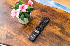 Un control remoto y una maceta con flores rosadas sobre una superficie de madera.