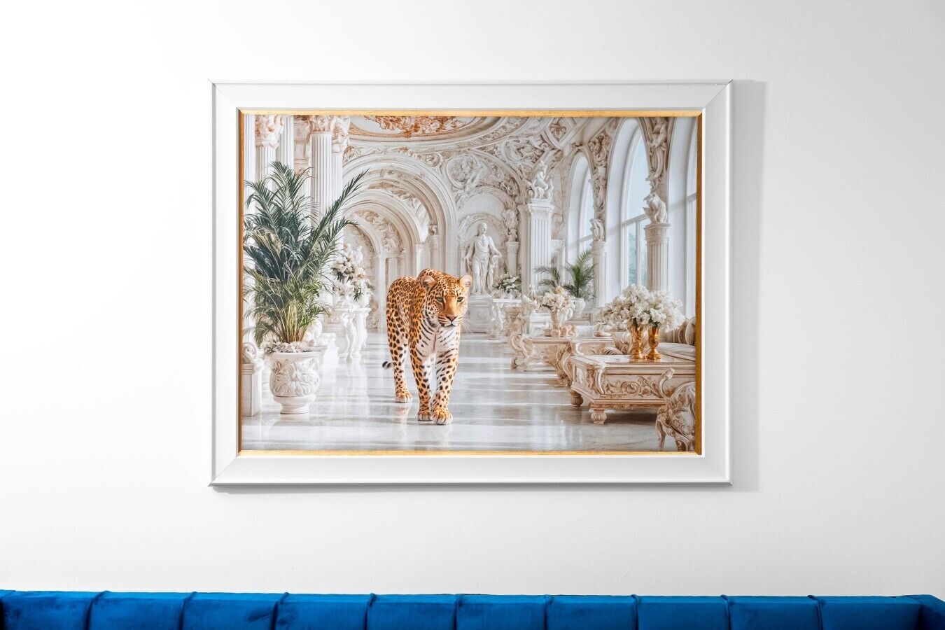 A framed artwork of a leopard in a luxurious hallway with ornate columns and potted plants.