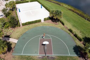 Una cancha de baloncesto al aire libre con aro, rodeada de césped y palmeras.