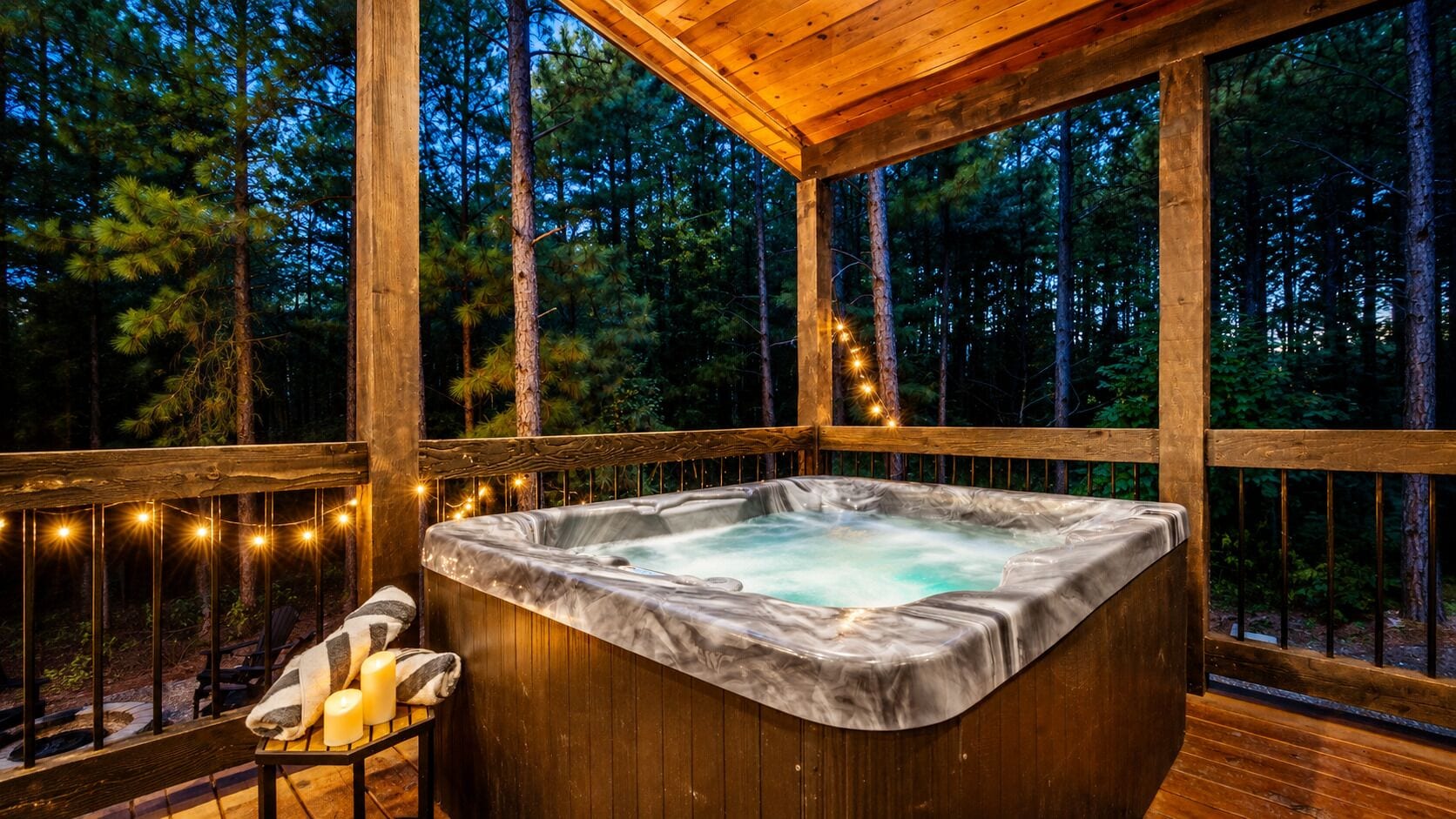 A hot tub on a wooden deck with a forest backdrop.