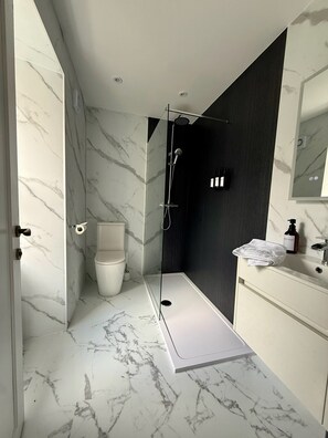 Dusche, Haartrockner, Handtücher, Seife