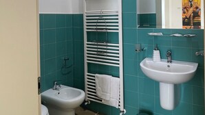 Een badkamer met een douchetoilet, een wastafel, een spiegel en een handdoekhouder.