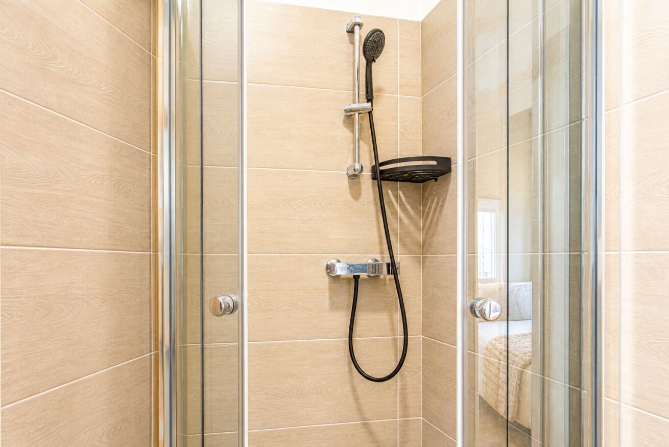 Une douche équipée d’un pommeau de douche à main et d’une brosse à main.