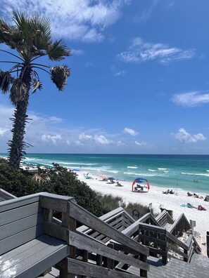 A beach with a wooden staircase leading down to the sand, palm trees, and the ocean. - New 30A Style! Private Beach | 5 Star Host (Seagrove)