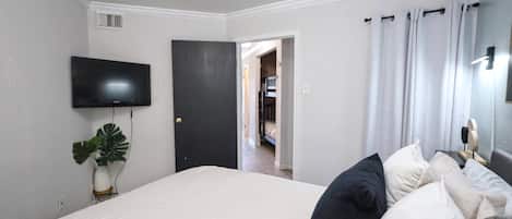 A hotel room with a bed, a TV, a plant, and a door leading to a hallway.