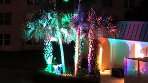A building with a pathway leading to a landscaped area with palm trees. - Beautiful condo ocean view. (New Smyrna Beach)