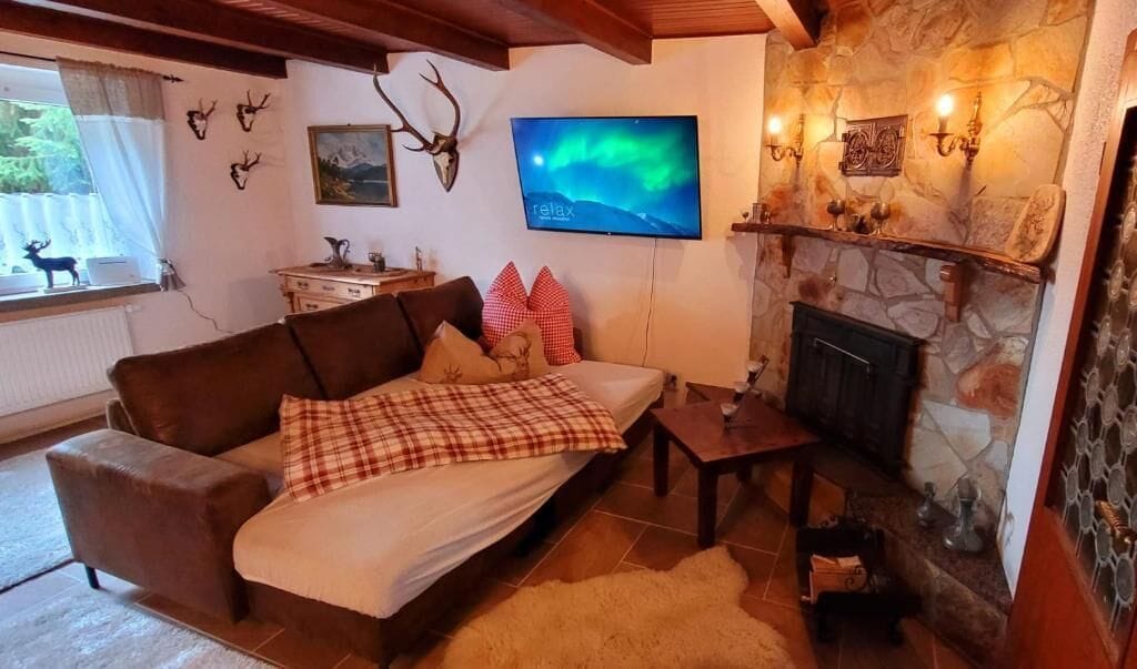 A cozy room with a fireplace, a television, and a window with a view of deer outside.
