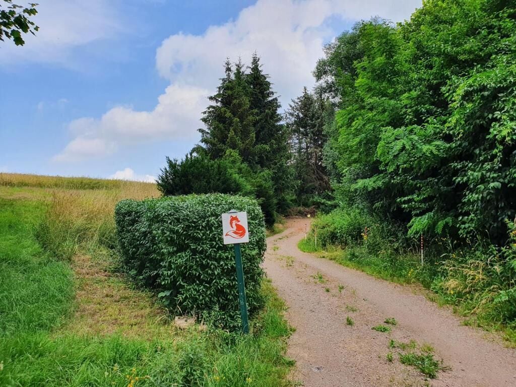 A rural dirt path with a sign indicating a wildlife crossing.