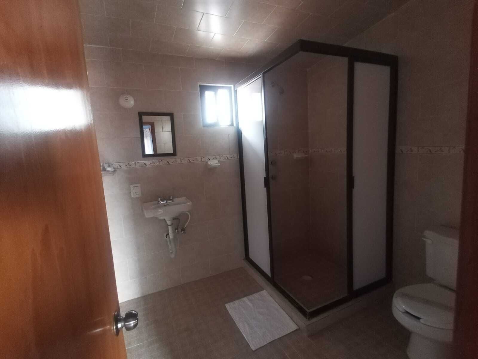Baño con ducha, inodoro, lavabo y espejo.