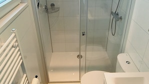 A modern bathroom with a glass-enclosed shower, a toilet, and a sink. - Our Beautiful new Chalet Vogelzang for Retreat (Vorden)