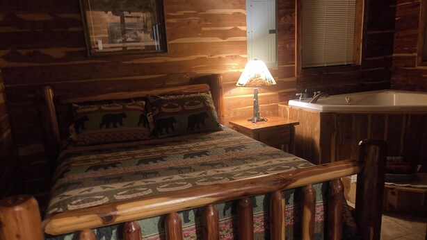 A wooden cabin interior with a bed, a lamp, a sink, and a framed picture on the wall. - Adorable 1-bedroom cabin in Treat, Arkansas.  2 adults, no pets, 2 night minimum (Dover)