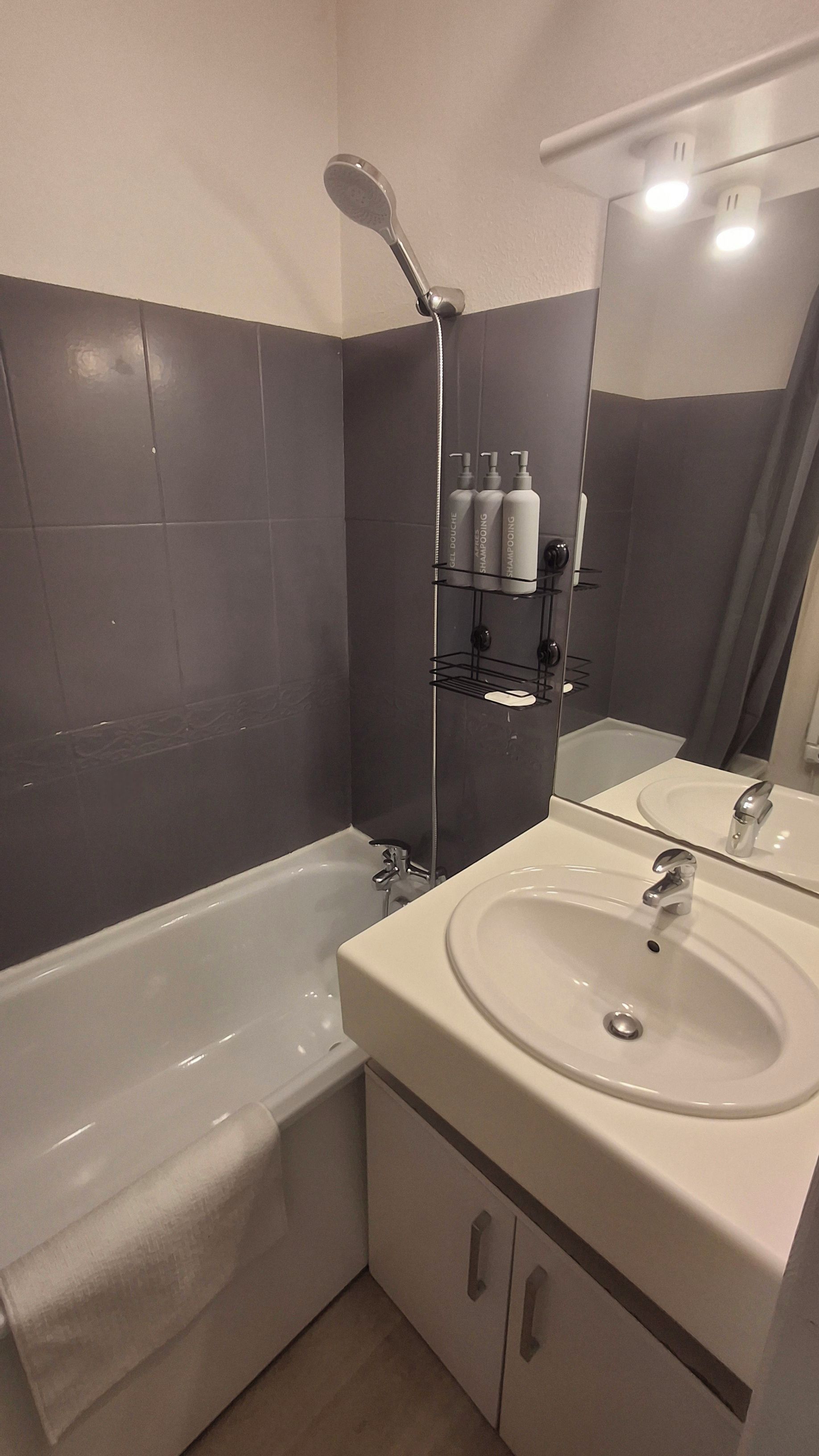 Une salle de bain avec une baignoire, un lavabo et une douche. On trouve des articles de toilette sur une étagère.