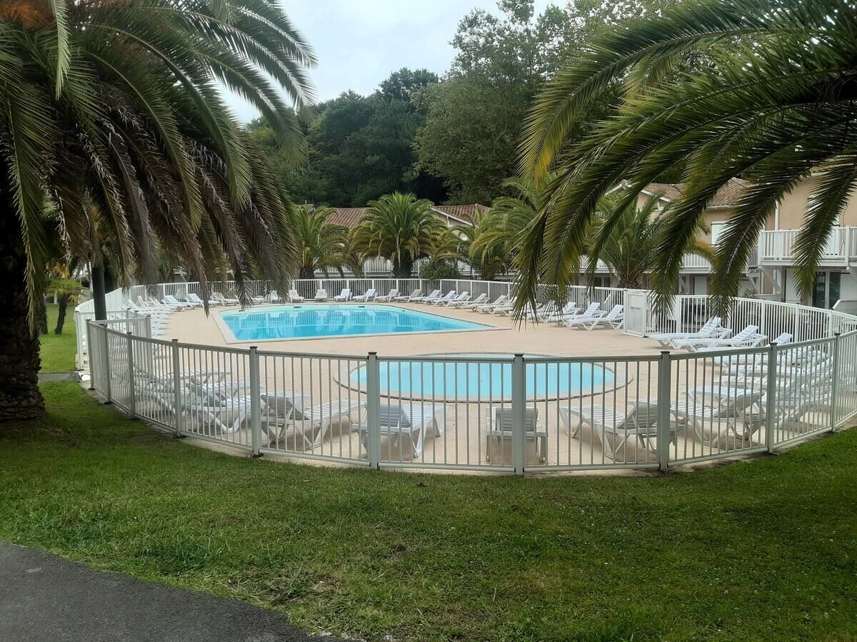 A swimming pool surrounded by a white fence, with lounge chairs and palm trees.