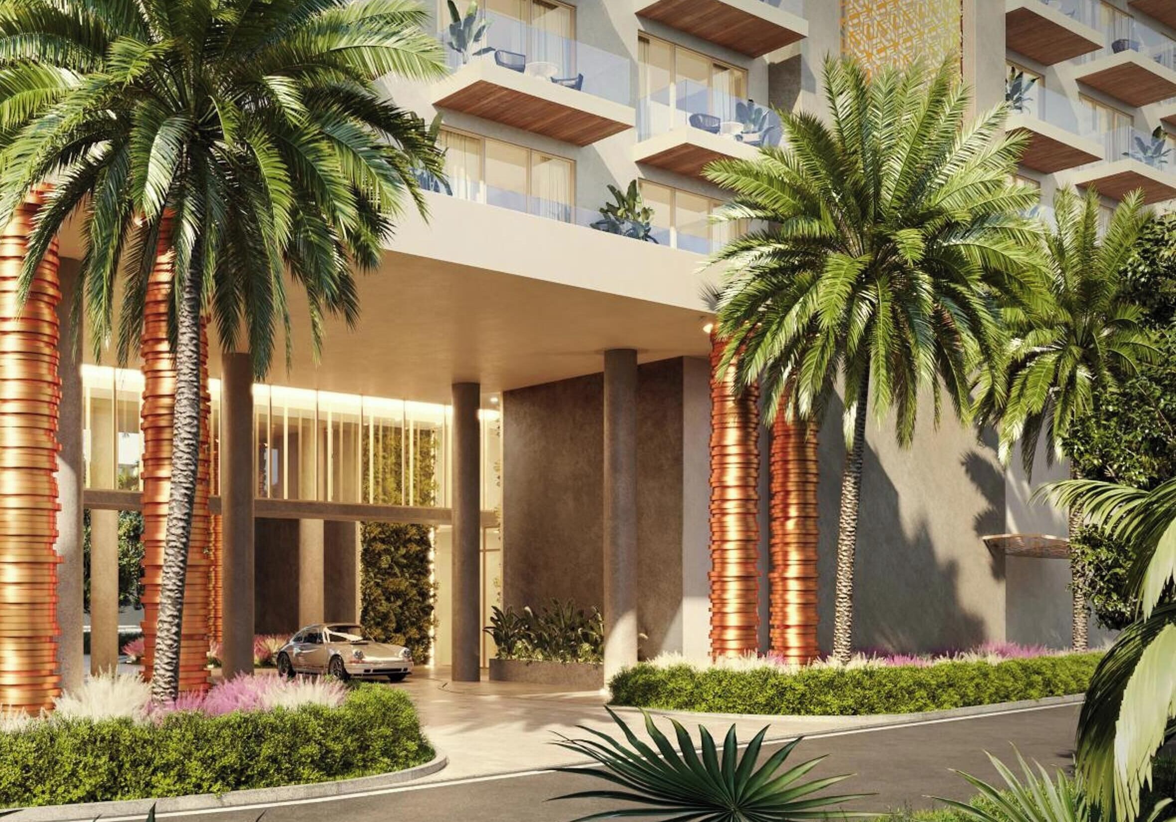a rendering of a building with palm trees in front at ONE GT Grand Cayman in George Town