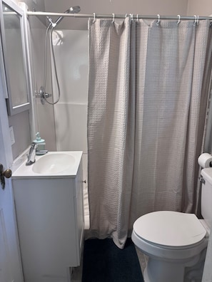 A bathroom with a shower, toilet, and sink.