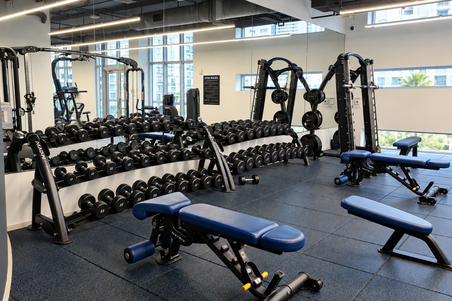 A gym with weightlifting equipment, dumbbells, benches, and a sign labeled 'GYM RULES'.