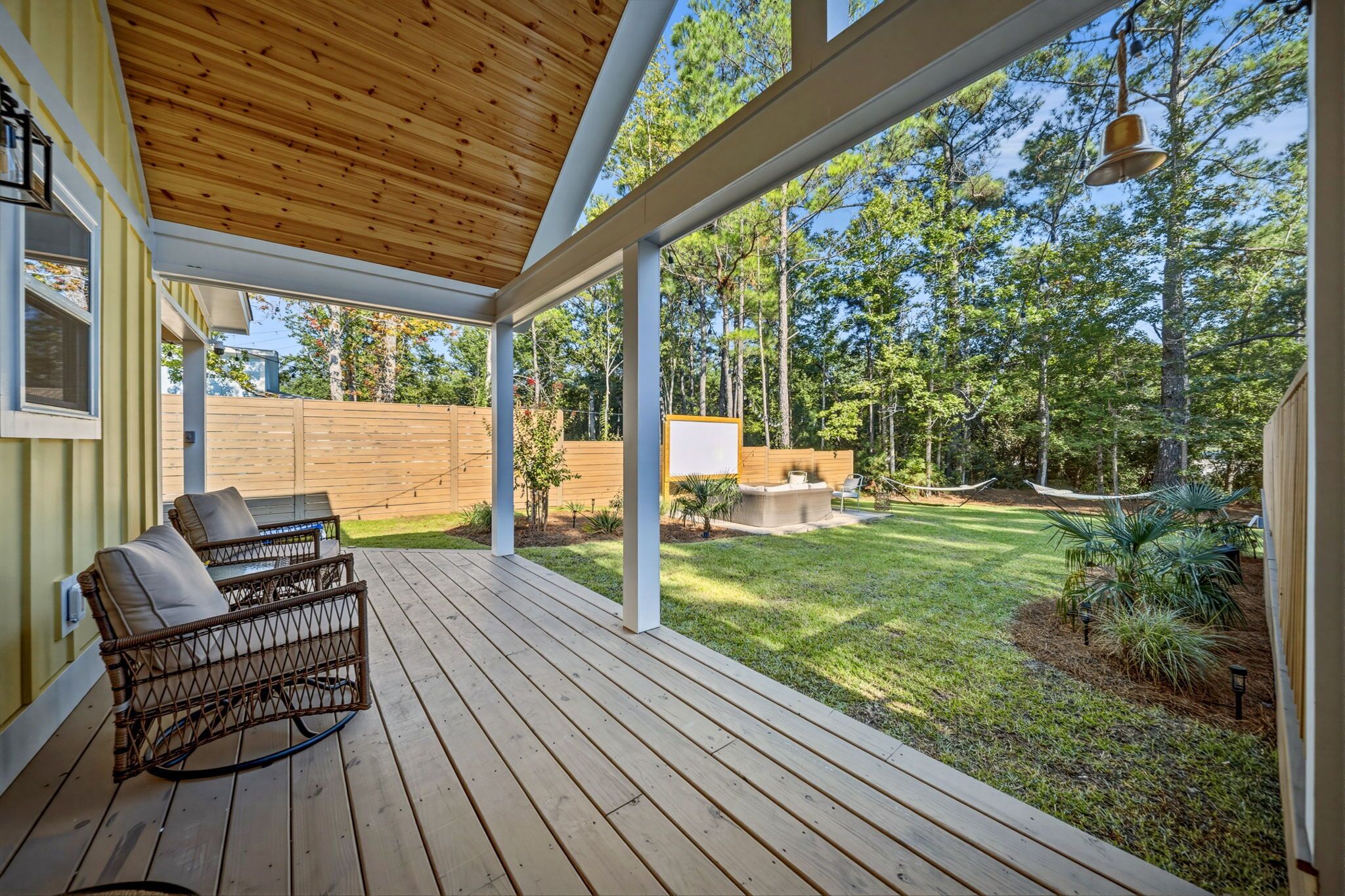 A covered patio with a wooden deck, outdoor furniture, and a view of a grassy yard with trees.