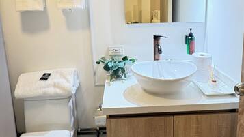 A bathroom with a white toilet, a sink with a large bowl, a mirror above the sink, and a towel rack with two towels.