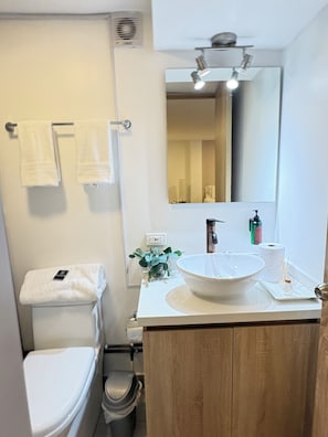 Un baño con un inodoro blanco, un lavabo con un recipiente grande, un espejo sobre el lavabo y un perchero con dos toallas.