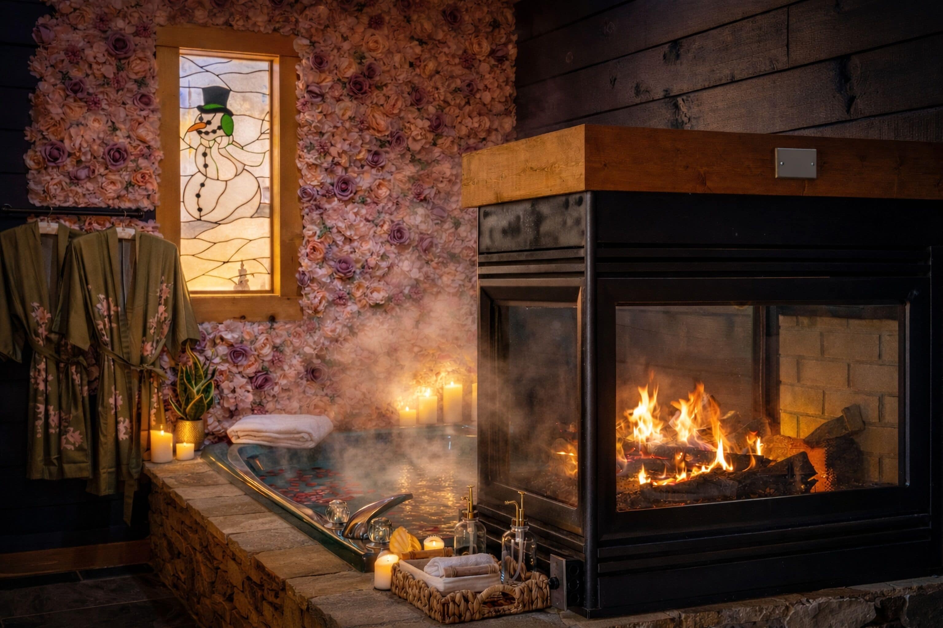 Une pièce chaleureuse avec une cheminée, une baignoire et un mur décoré de motifs floraux.