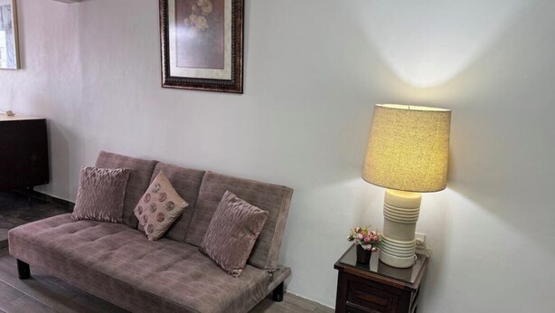 A living room with a sofa, a lamp, and a framed picture on the wall. - Lovely 1-bedroom Rental Unit in Mazatlán Centro (Mazatlán)