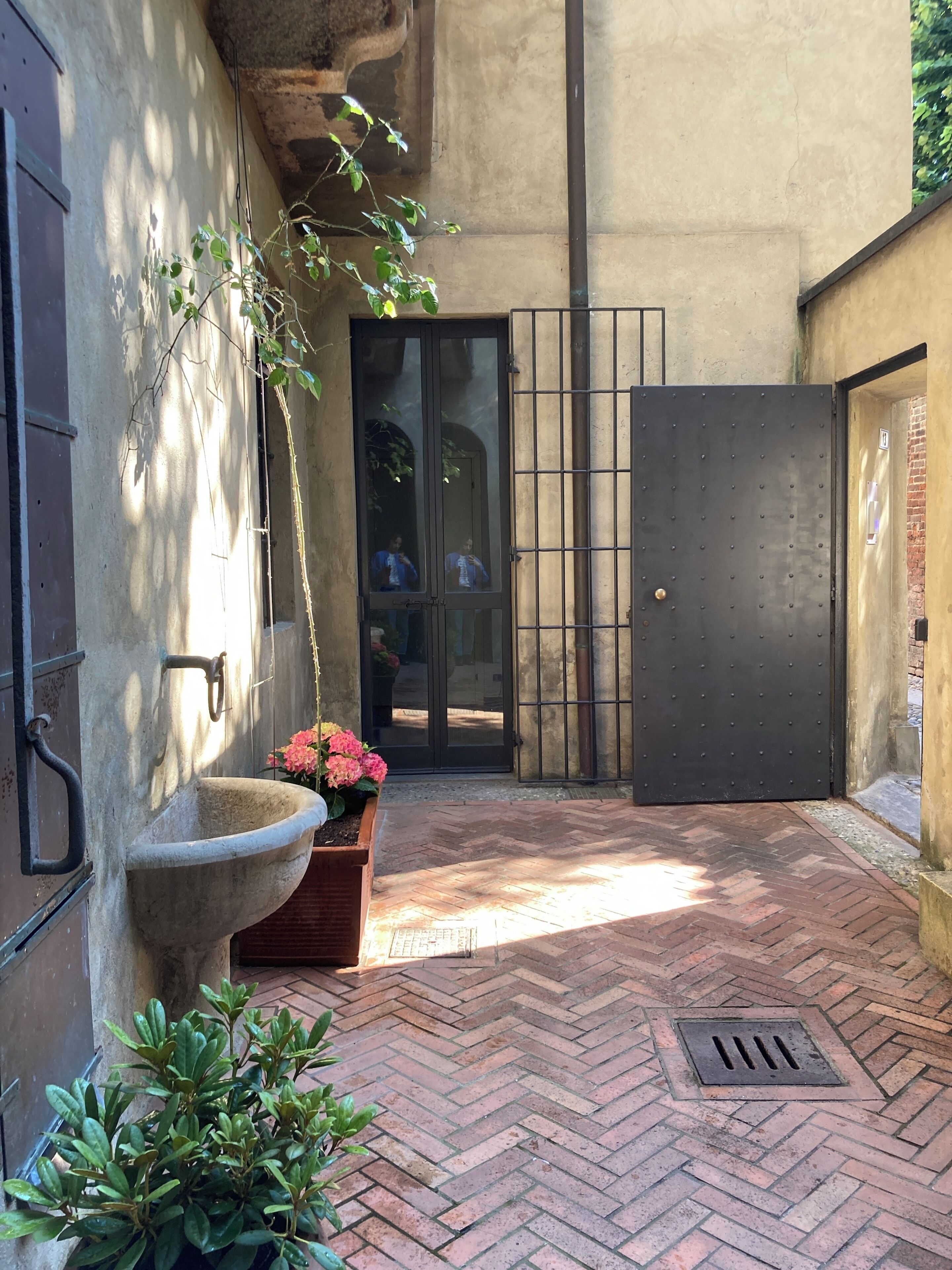 A courtyard with a brick floor, a large sink, and a potted plant with pink flowers.