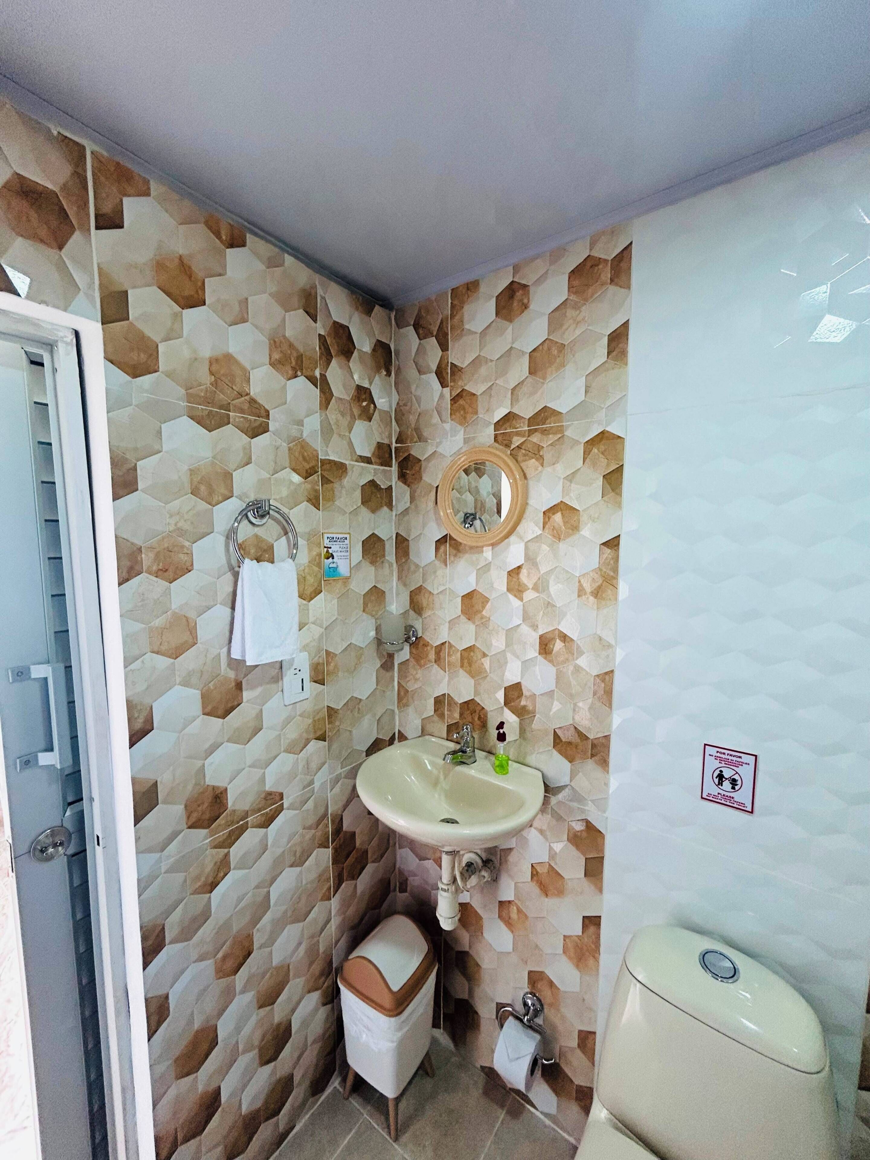 Shower, towels, soap, toilet paper