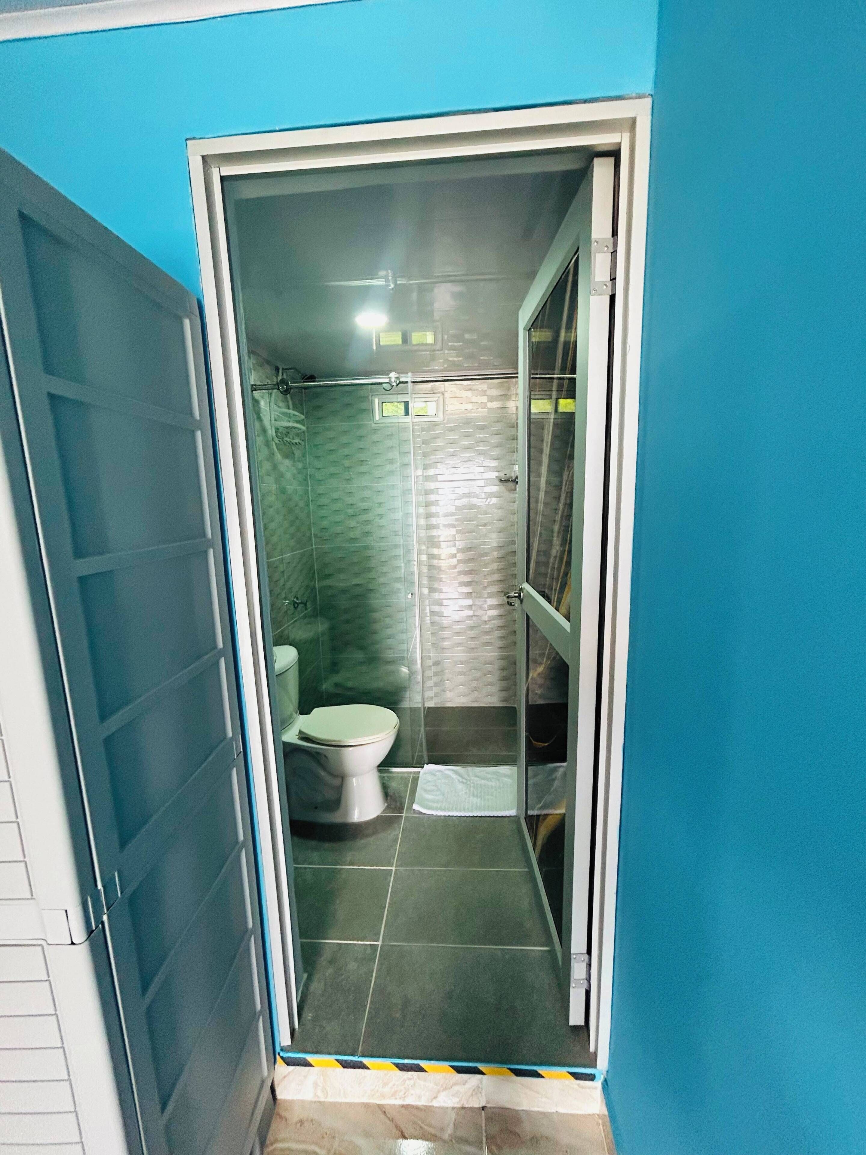 Een badkamer met toilet, douche en glazen deur.