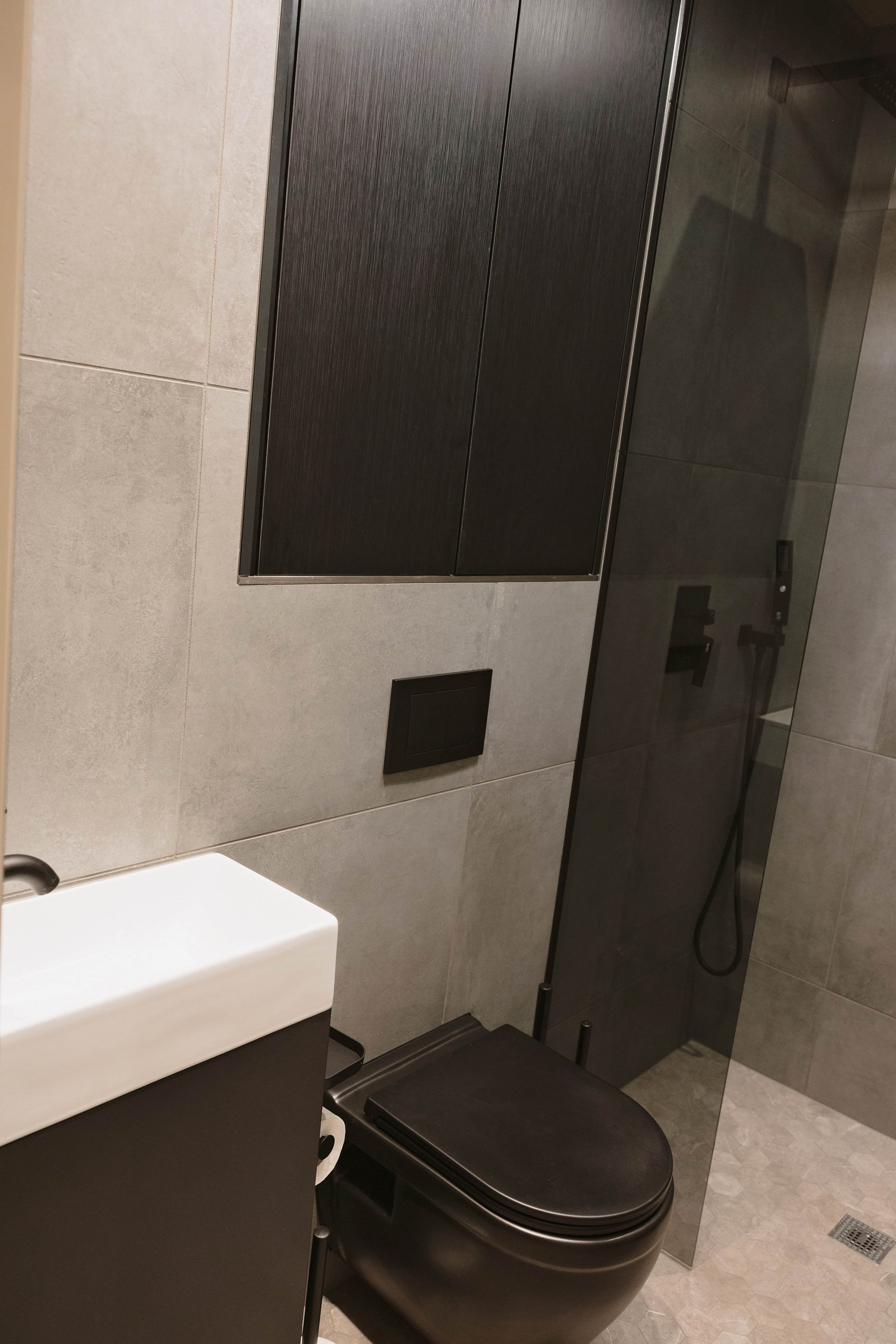 A modern bathroom with a toilet, a sink, and a shower area.