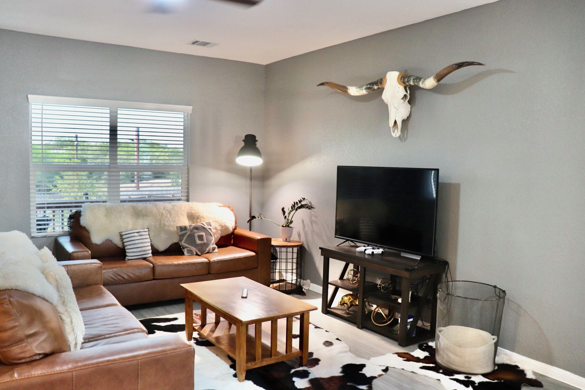 Una sala de estar con un sofá de cuero, una mesa de centro, un televisor sobre un mueble bajo y una decoración de cráneo de vaca en la pared.