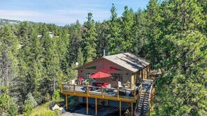 A cabin with a deck, surrounded by dense forest.